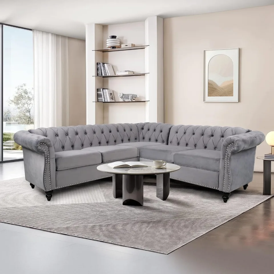 Pohovka v tvare písmena L, sekcia Chesterfield Couch 5-miestna zamatová čalúnená šľaľková pohovka