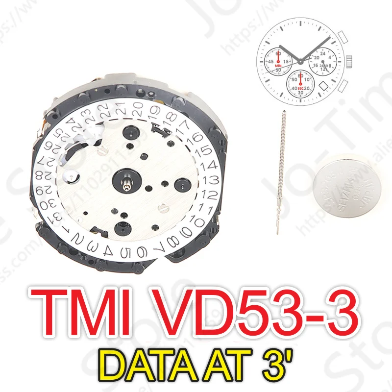 Pohyb vd53 TMI VD53C-3 Quartz Hold Tri ruky s 3yes ＆ Dátum malého chronografu druhý ＆ minúta, 24-hodinové indikátorové ruky