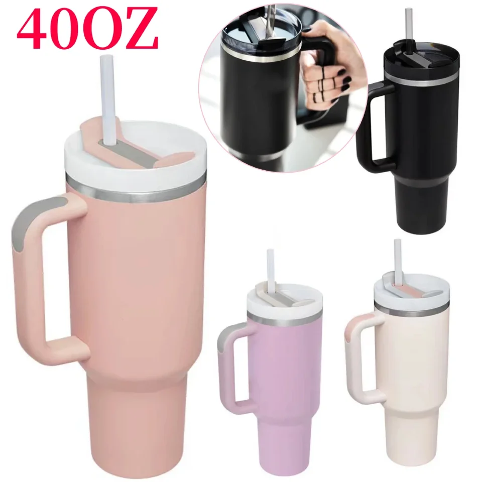 Pohár s rukoväťou vekom slamy 40oz z nehrdzavejúcej ocele Fľaša na fľašu Vákuum termos šálka cestovného automobilu Thermal Coffee Cap Sport