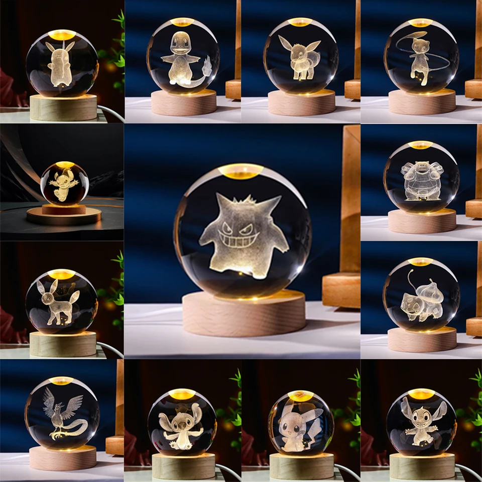 Pokemon Crystal Ball 3d Pikachu Gengar Mewtwo Lamp Base kokeball Crystal Pokemon Glass Ball Figure Night Light Vianočný darček