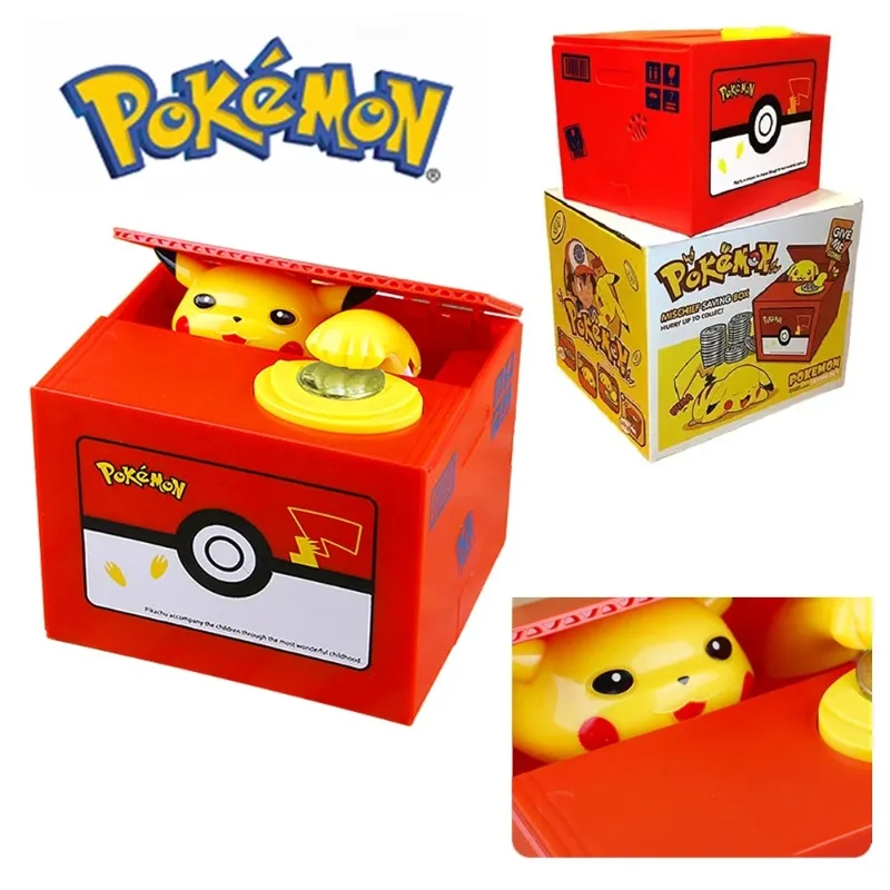 Pokemon Pikachu Piggy Bank Akčná figúrka Anime karikatúra elektronická plastová krabica ukradnite mincu prasiatko banka pre deti vianočná hračka darček