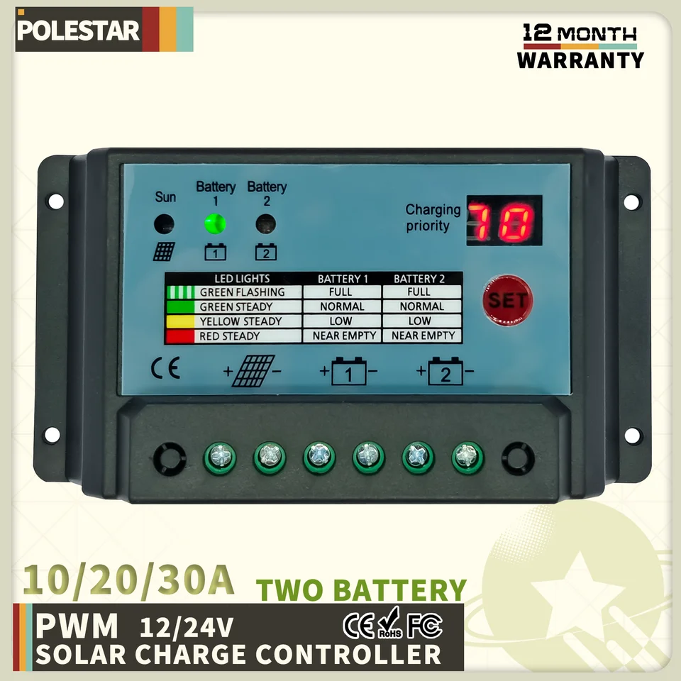 Polestar Dual Battery Solar Controller 10A 20A 30A PWM 12V 24V Systémové batérie nabíjačku regulátora napájacieho panela