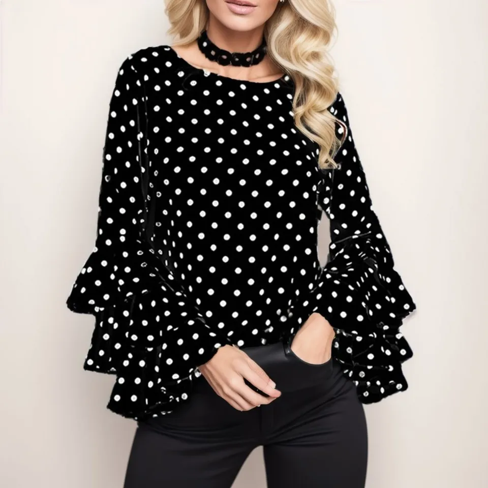 Polka Dot blúzka pre ženy Rufle Flare Ruckve Tirla