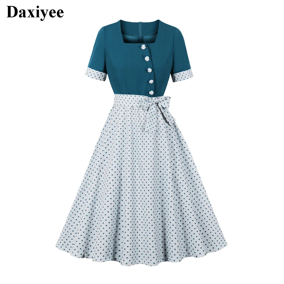 Polka Dot Print Vintage Dress PinUp 50s Dámske ženy single Brees Belted Retro šaty letné rukávy s krátkym rukávom rockabilly šaty Vestidos