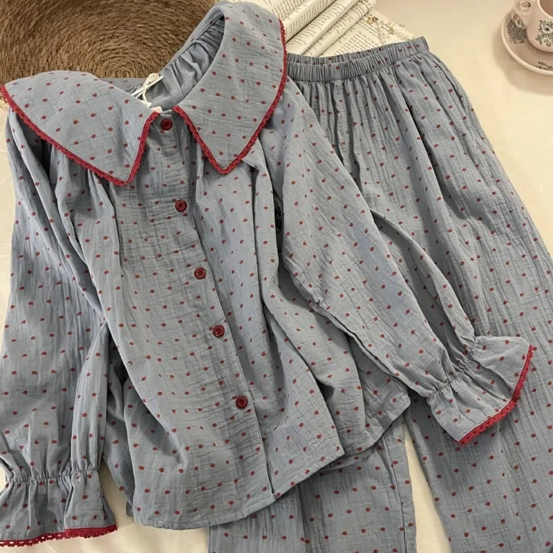 Polka Dot Sleewear Women Dámske súpravy Kórejské nohavice pre ženy 2 kusy Dočky Nočné nosí jesenné ruffles gombíkový oblek