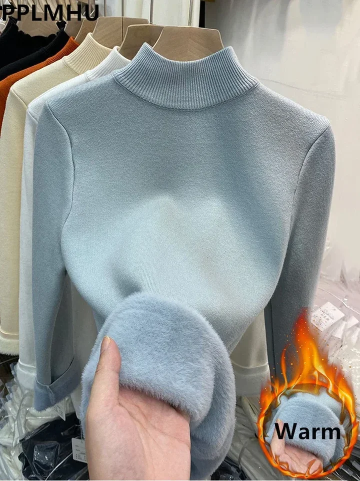 Polovičný korytnačku Sweater Winter Slim Zhustané pletené oblečenie Žena mäkké pletené pulvovery Príležitostné plyšové fleece lemované teplé vrcholy malhas