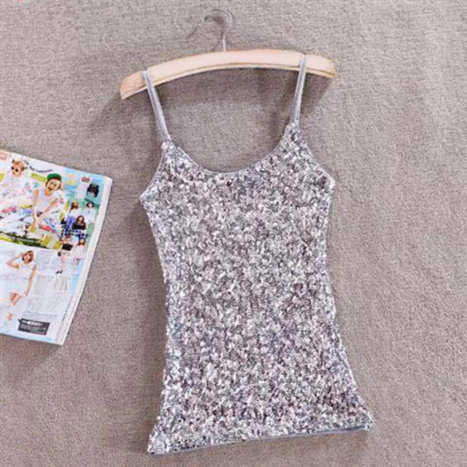 Polyester Flowin Dress Flitry bez rukávov špagety špagety popruh Tank top pre ženy lesklý o krk štíhla vesta s nastaviteľnými popruhmi