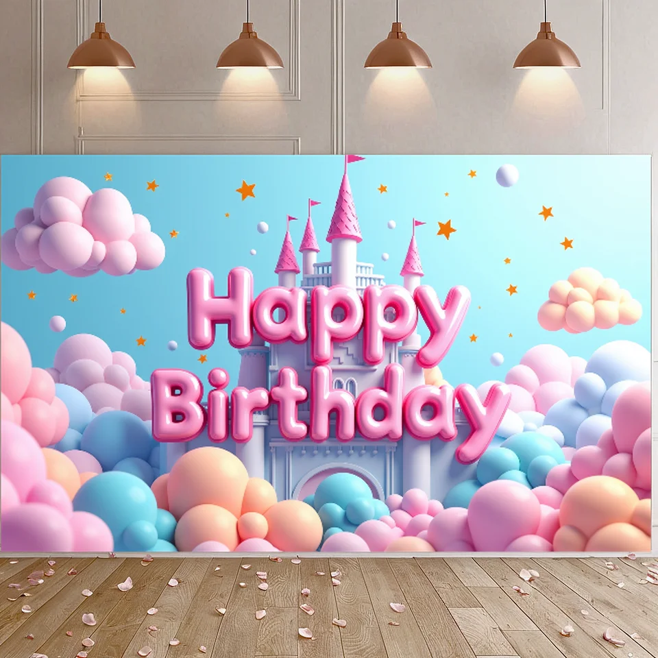 Polyester všetko najlepšie k narodeninám pozadie Banner hrad Balón bábätká DEOBORT DEOCOK FOTOGRATION PAKONÁLNE Vzostup