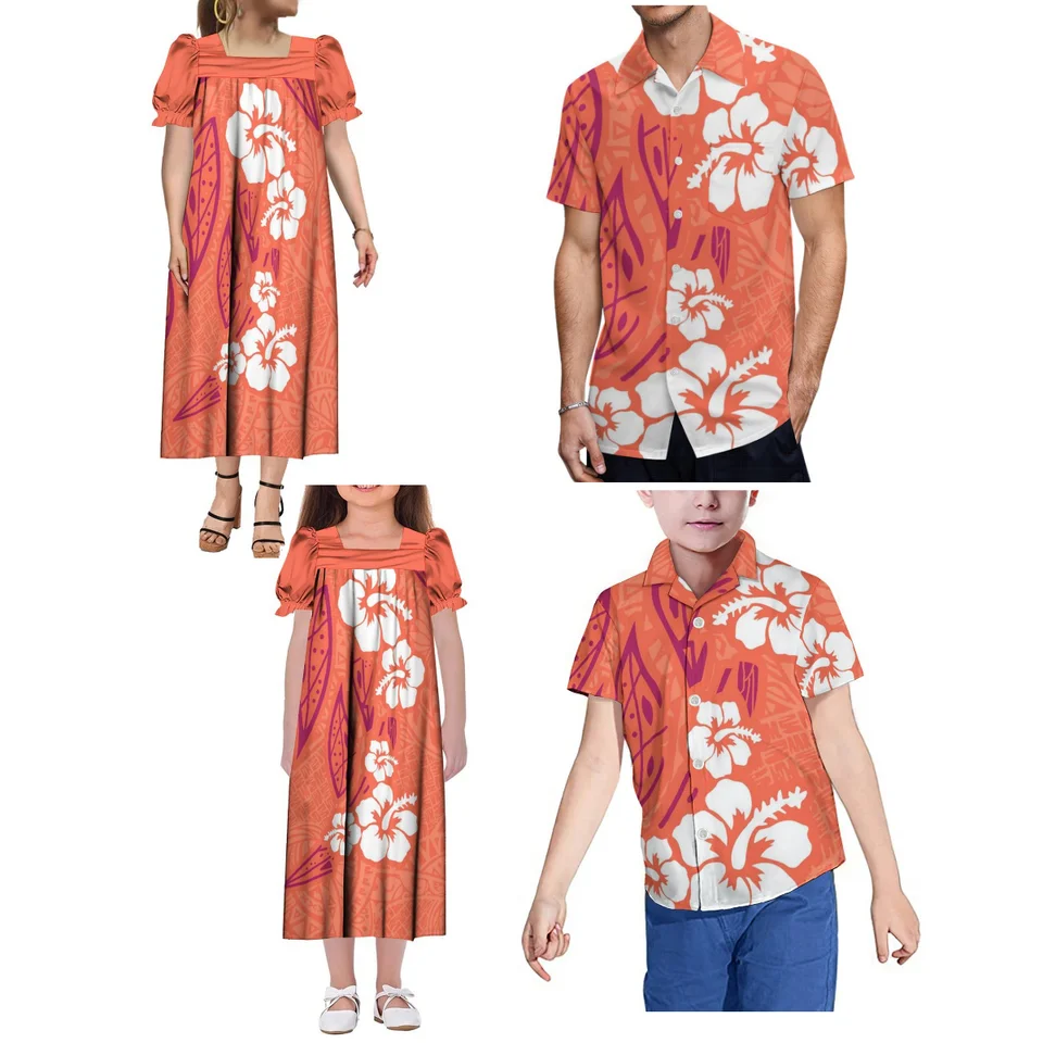 Polynézsky kmeň Pánsky košeľa Aloha Top a Mumu Lady Puffed Ruckve Dress Pár oblek Hawaiian Midi Party Fashion Family Suit
