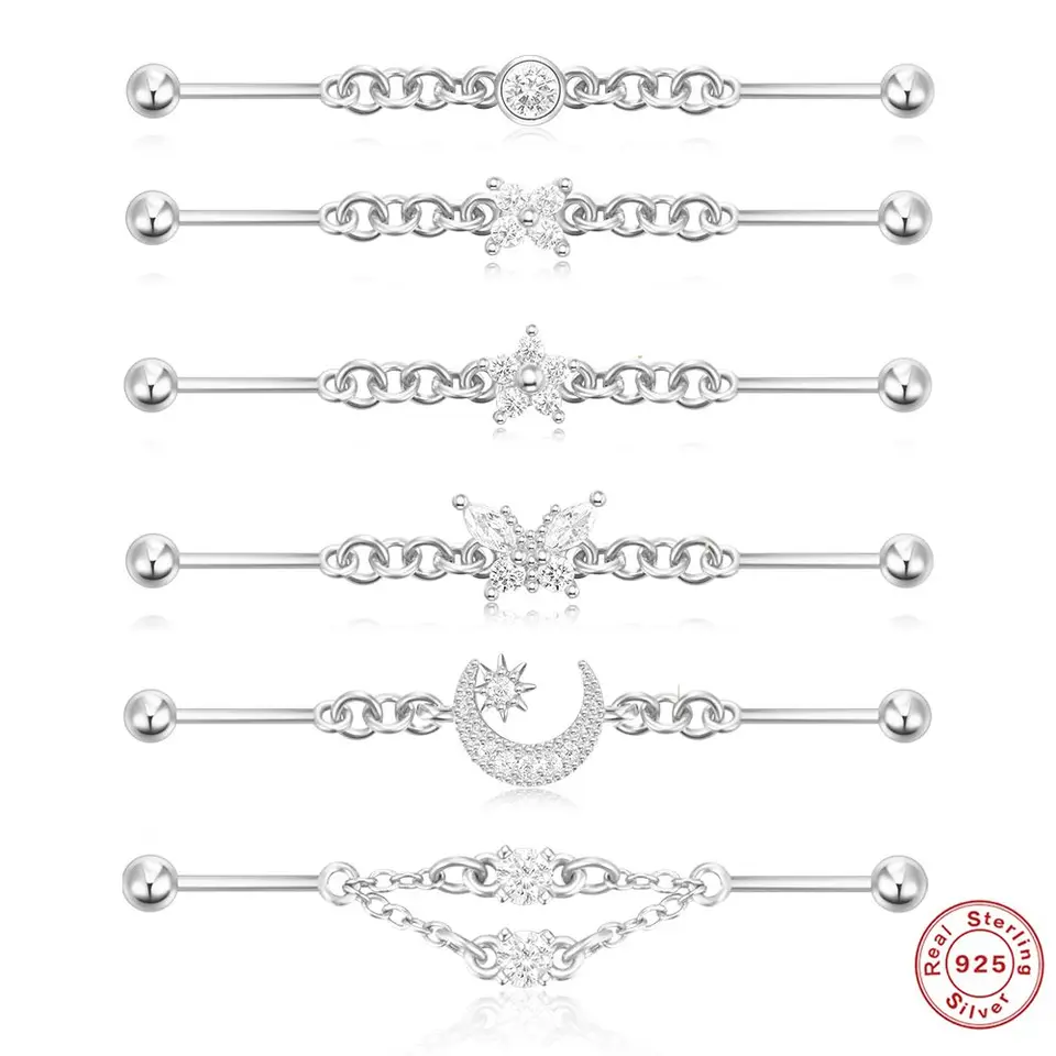 Pomocník 925 Sterling Silver Špeciálny nový dizajn priemyselný priemyselný piercing Barbell Chain náušnice Tragus chrupavka prehnané šperky 1pc