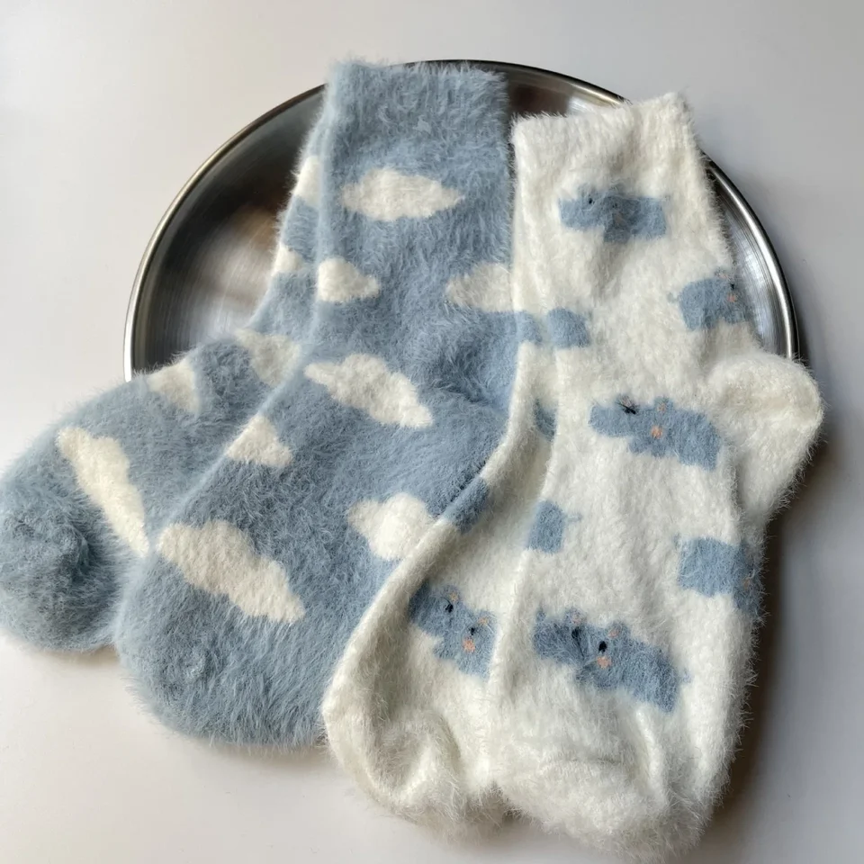 Ponožky zimného norky fleece plus zamatové ponožky na zahusťujúce trubice modrá obloha biely oblak ponožky mäkká pokožka, ktorá je vhodná pre pokožku, pohodlná ponožka