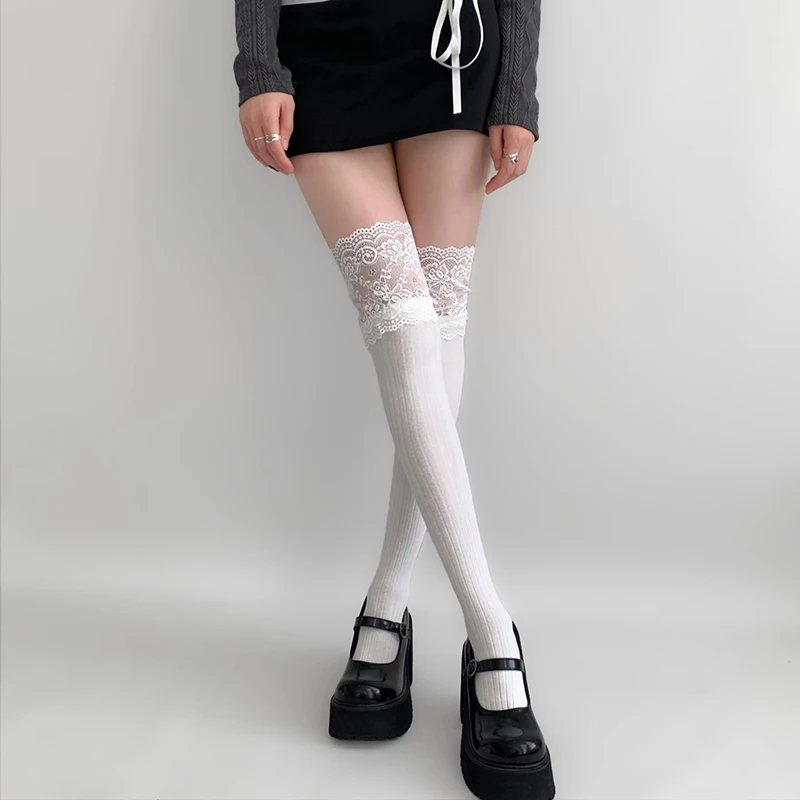 Ponožky Žena Jeseň/zima pevná farebná stehno vysoká čipka roztomilá lolita hrubé teplé pančuchy čierne biele ponožky dlhých nôh pre ženy