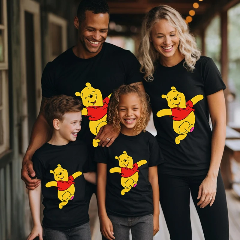 Pooh Bear Print Tričko Dad a mama deti bavlnené rukávy, ktoré sa hodia k oblečeniu