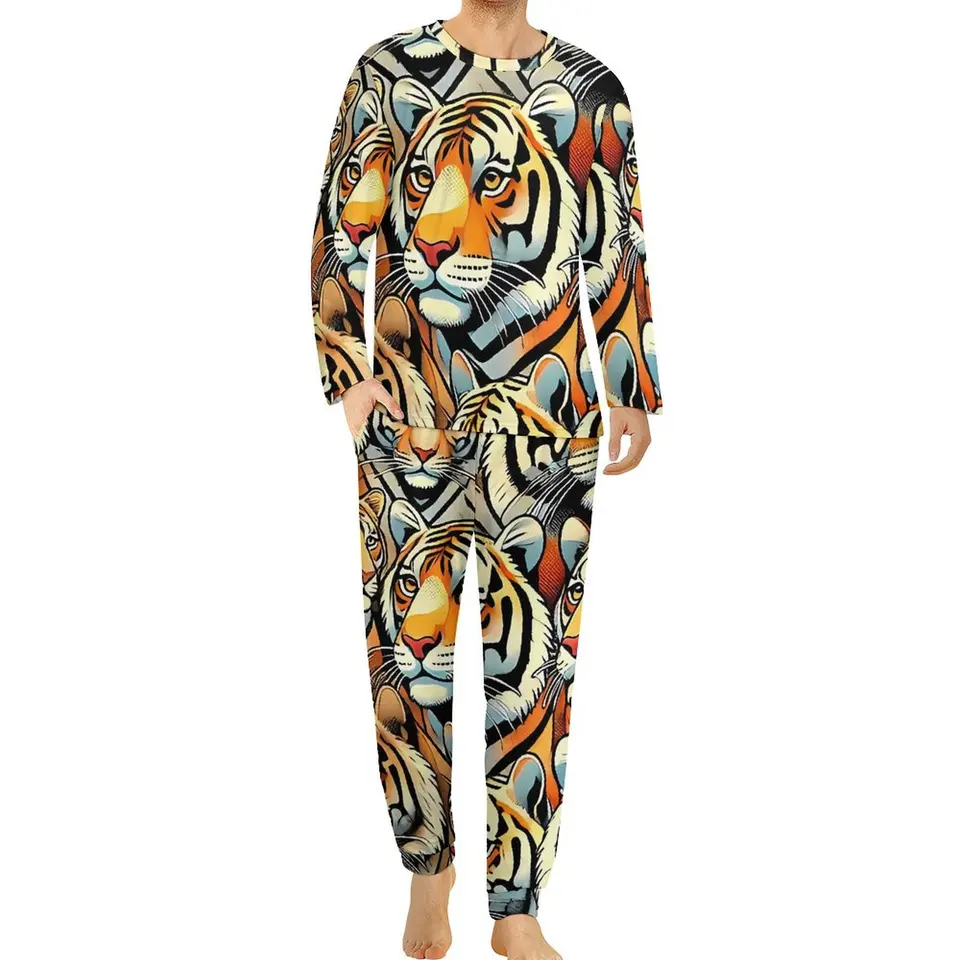 Pop Art Tiger Print pyžamy s dlhým rukávom 2 kusy voľného času pyžama súpravy jarný dizajn