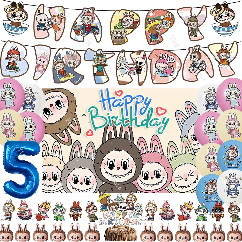 Pop Mart Narodeninové oslavy Dodávky dekorácie Monsters LaBubu Balón Banner Kadca Cupcake Topper Kids bábätko darček