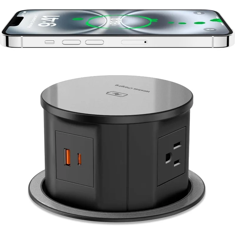 Pop -up zásuvka s 15 W bezdrôtovou nabíjačkou, 4 výstupmi AC a PD 20W USB Rýchle nabíjanie, 4,75 palca na stolové diery Grommet Connect 6 stôp