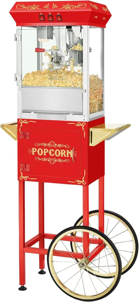 Popcorn Stroj - 3 -galónový starožitný popper s vozíkom, kanvica 8oz, zásuvka starých slúžiek, zahrievací podnos a naberačka od skvelých
