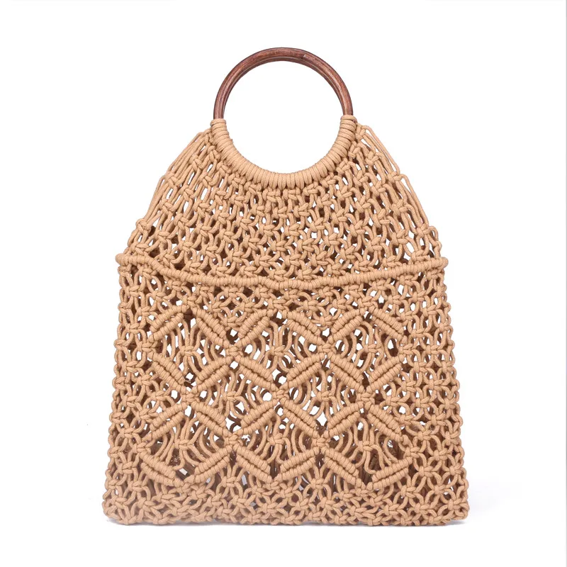 Popula bavlnená lana dutá slama vrecko číre makrame tote drevený prsteň Rattan rukoväť čistá taška vintage retro elegantná kabelka
