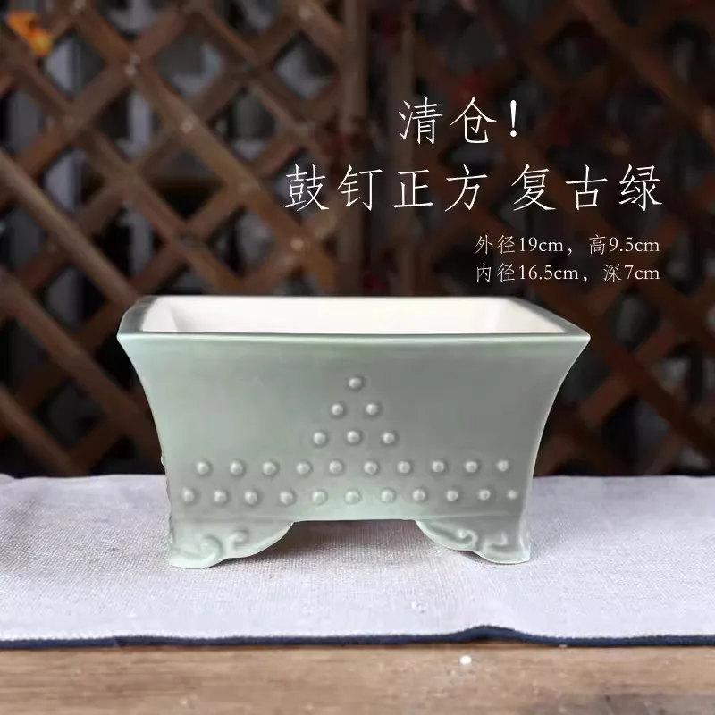 Porcelánová zelená štvorcová bonsai hrniec, čínsky vzor, ​​miestnosť, domáci stôl, stôl, záhradná dekorácia