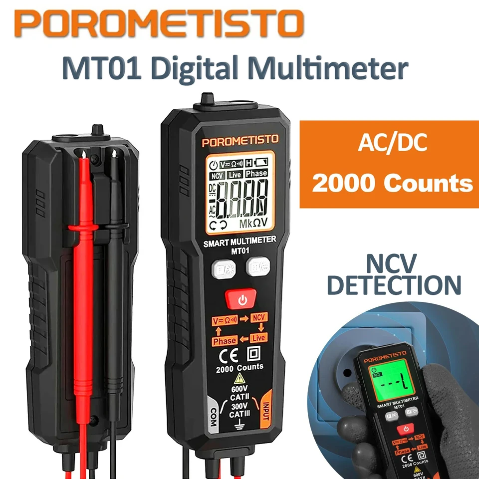 Porometisto MT01 Digitálny multimeterový napätie tester 2000 Počty AC/DC Voltmeter True RMS NCV Fázový test automatický nárast multimetra