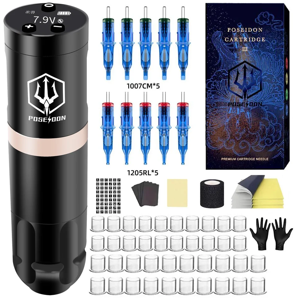 Poseidon Tattoo Pen Set Rotary Wireless Tattoo Machine Súprava Coreless Motor Vysoko kvalitné tetovacie stroje pre tetovací umelec