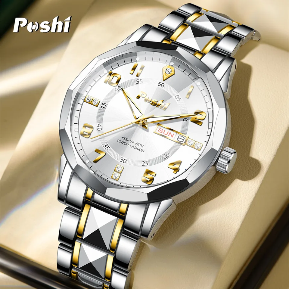 Poshi Original Quartz Watch for Man Fashion Luxury Business Pánske náramkové hodinky automatické dátum Týždeň Darček Top Brand Darček s krabicou