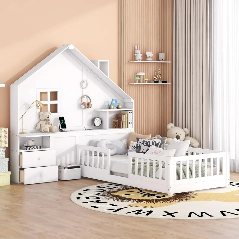 Posteľ s dvojitým podlahovým domom pre deti, podlahová posteľ Wood Montessori s koľajnicami, okennými a nočnými zásuvkami, detská dvojitá plošina s posteľou