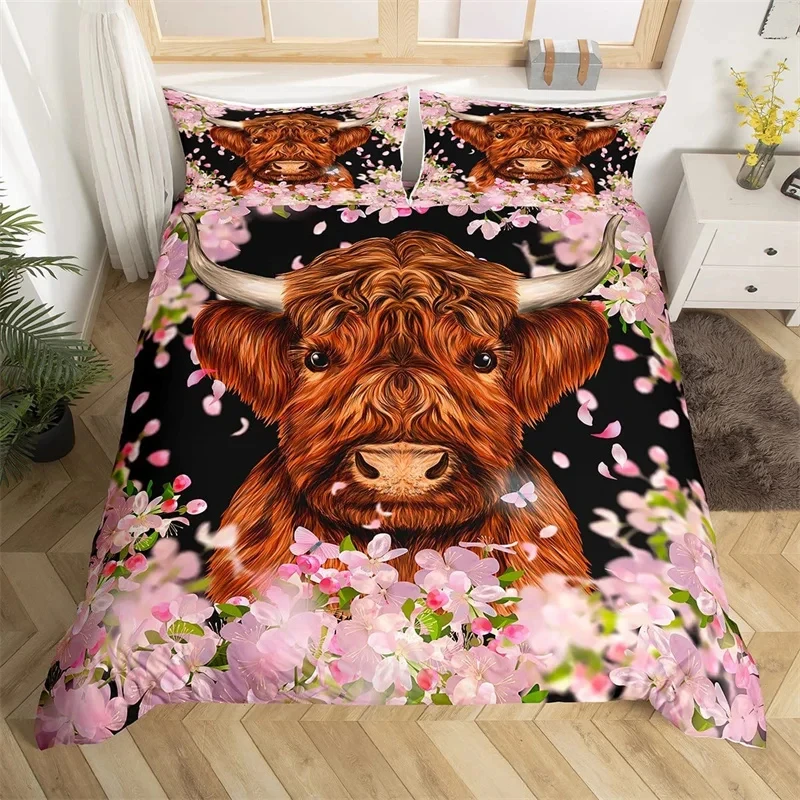 Posteľná posteľná obliečka sada polyester býk kvety kvety prikrývky prikrývka Západné divoké zviera obliečky na obklop