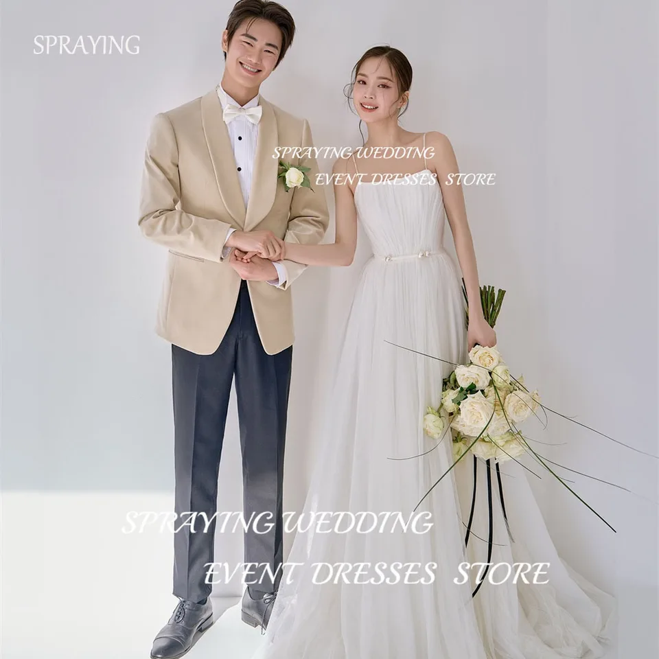 Postriekanie jednoduchého tylu špagety remienok Kórejské svadobné fotografovanie šaty šaty podlahová dĺžka Pleat
