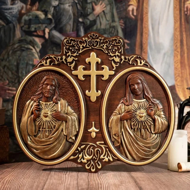 Posvätné srdce Ježiša a srdca Márie Ježišu Krista Wall Decor Decor Rulen Svätá socha drevené remeslá katolícky vianočný darček