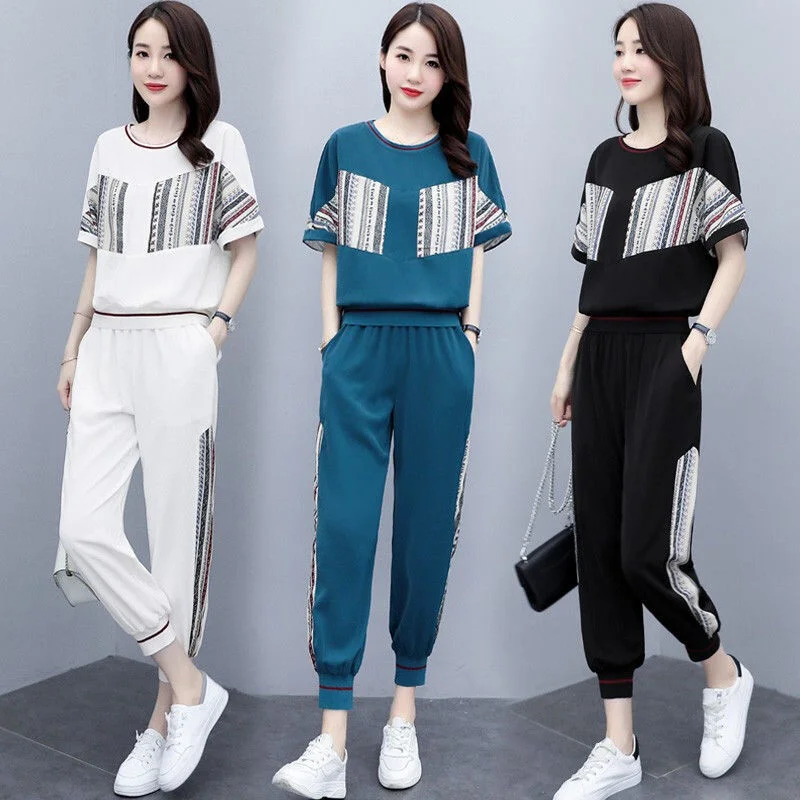 Pot Suits for Women Two Set 2022 jar a leto nové módne príležitostné koreanské oblečenie krátke rukávy Top Pants Dámske trať