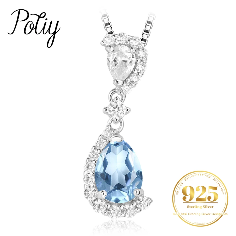 Potiy Hruška prírodná obloha Blue Topaz 925 Sterling Silver prívesok Náhrdelník Gemstone vyhlásenia Ženy bez reťazca darček Valentines