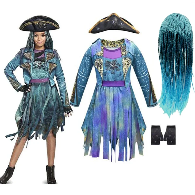 Potomkovia 3 Mal Bertha Maleficent Curls Live Evil Straight Blue Kids Girls Cosplay Cap šaty Halloween kostým pre deti parochňa