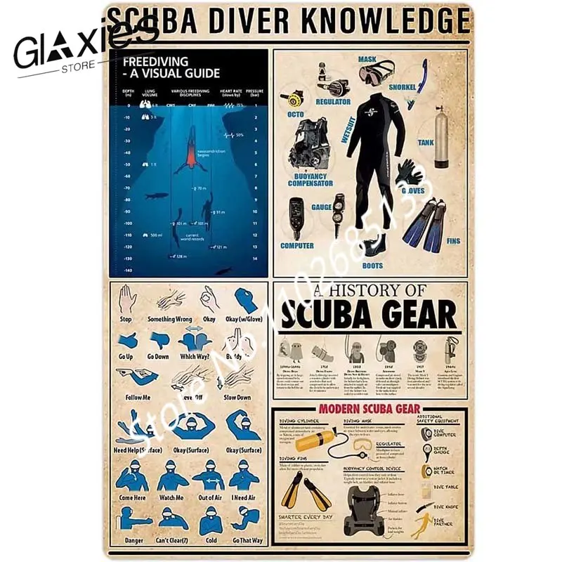 Potápanie potápači Kovové značky potápačský klub Wall Decor Dive Gear Ruky Signály Infographic Plagáty pre domácu zbierku