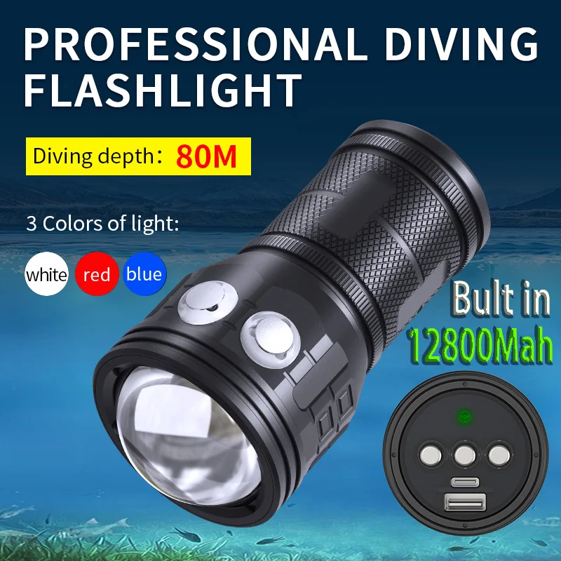 Povolanie potápanie LED baterky IPX-8 úroveň 12800 mAh pod vodou Fotografia Vyplňte maximálnu hĺbku potápania 2-500 metrov