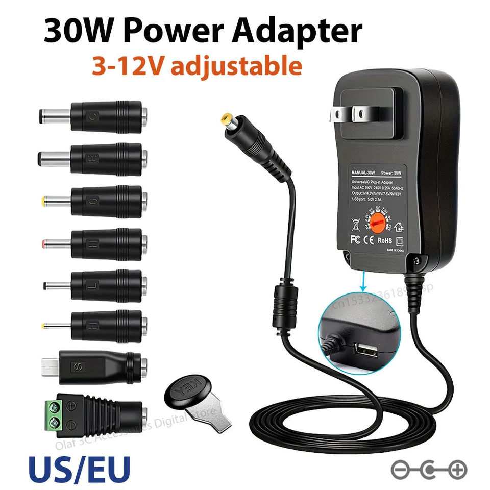 Power adaptér EÚ/US Plug 30W 3V 4,5V 5V 6V 7,5V 9V 12V DC DC Nastaviteľné napätie USB Univerzálne napájacie napájacie nabíjačka s 8 rozhraním