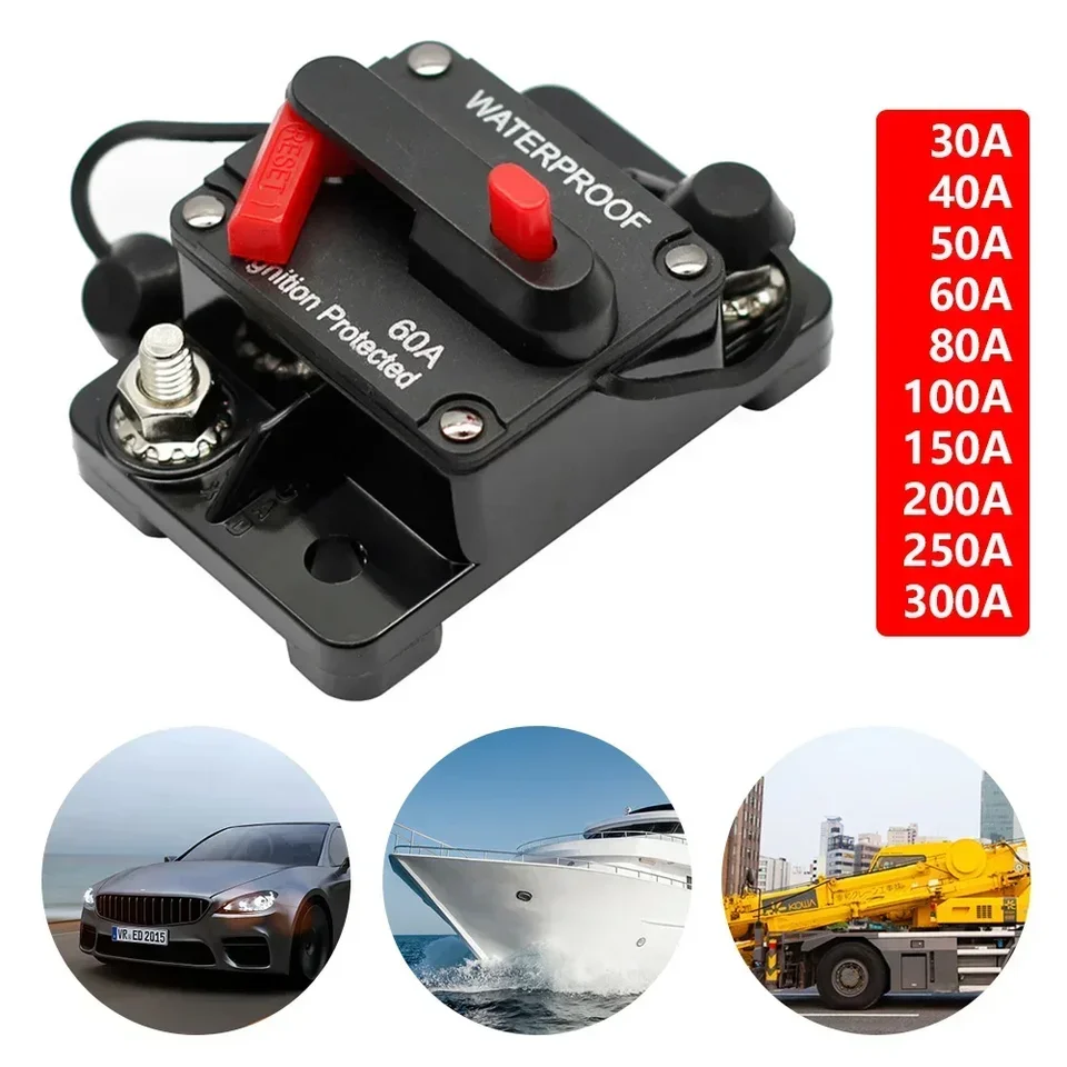 Power Protect Fuse Priepen Circuit Trolling s manuálnym resetom 30A-300A 12V-48VDC Vodotesný istič pre zvukový systém automobilu