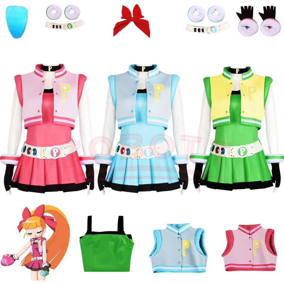 Powerpuff Girls Cosplay dievčatá kostýmy šaty sada kvety Buttercup Bubbles kostýmy šaty s opaskom set halloween luxusné šaty