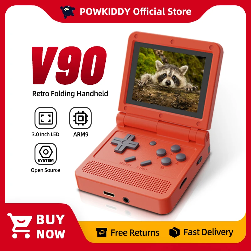 Powkiddy V90 3-palcový IPS Screen Screen Flip Randheld Console Dual Open System Game Console 16 Simulátory retro PS1 Detský darček 3D nová hra