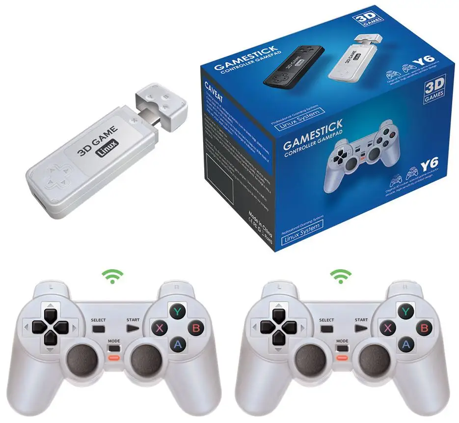 Powkiddy Y6 2.4g Wireless Game TV Stick Retro PS1 Family Prenosná konzola videohry 4K HD podporuje multiplayer 10000 hier