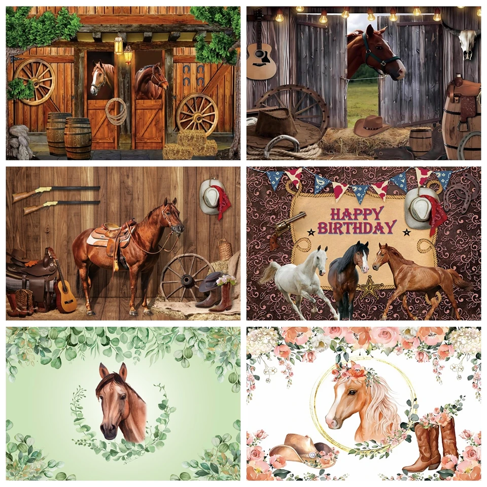 Pozadie témy Cowboy Horse pre chlapcov Western Cowgirl Birthday Party Flower Saddle Kids Portrét Photograph