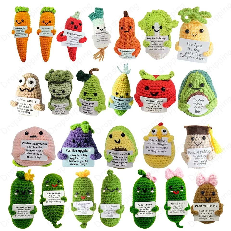 Pozitívne zemiakové roztomilé vlnené pletenie bábiky s kartou vtipná pozitivita potvrdenie zemiakovej uhoriek Doll Darček dekorácia figurína figurína nové