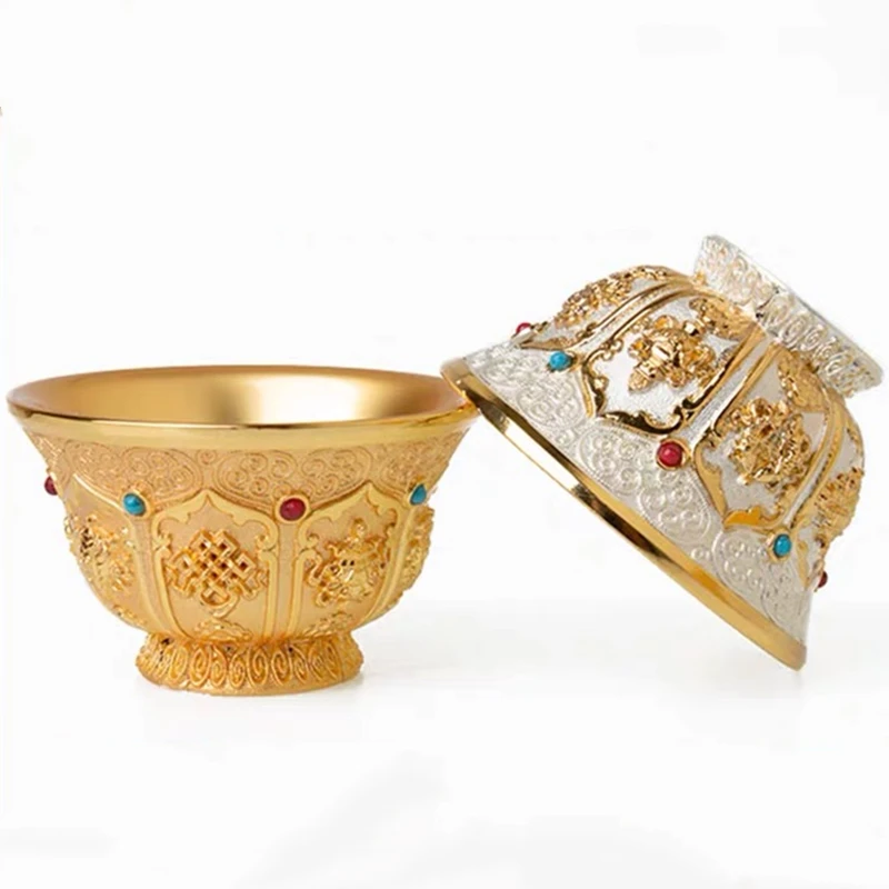 Pozlátená Buddha misa vykladaná drahokam, remeselná zliatina Tibetan svätá voda Tantric Budhist Bowl, dekoratívna zbierka darčekov v domácnosti,