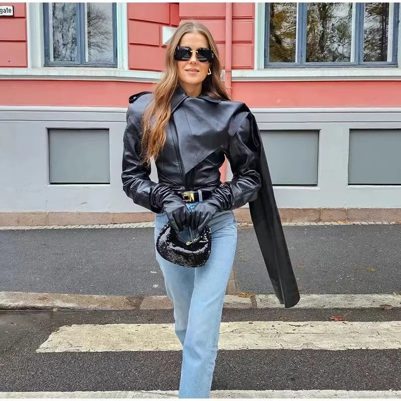 Poznať Dream Sweat Cool a Pikantná múza Dámska bunda Personalizovaná ulica Slimming Jacket Flip Golier Krátka kožená bunda