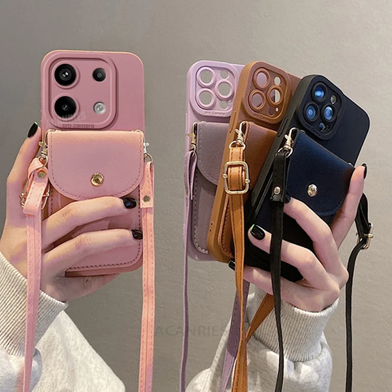 Poznámka13 Crossbody Card Slot Držiteľ držiaka Puzdro pre Xiaomi Redmi Note 13 Pro 4G 5G 13Pro Plus 12 11 10 9 8 Silikónový kryt šnúry 13C