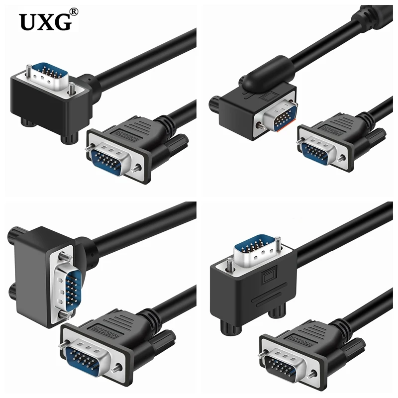 Počítač Monitor VGA 1080P Kábel štandard 15 PIN CONGEKTOR 90 stupňov vľavo dole dole uhol samec SVGA káblového drôtu pre pracovnú plochu