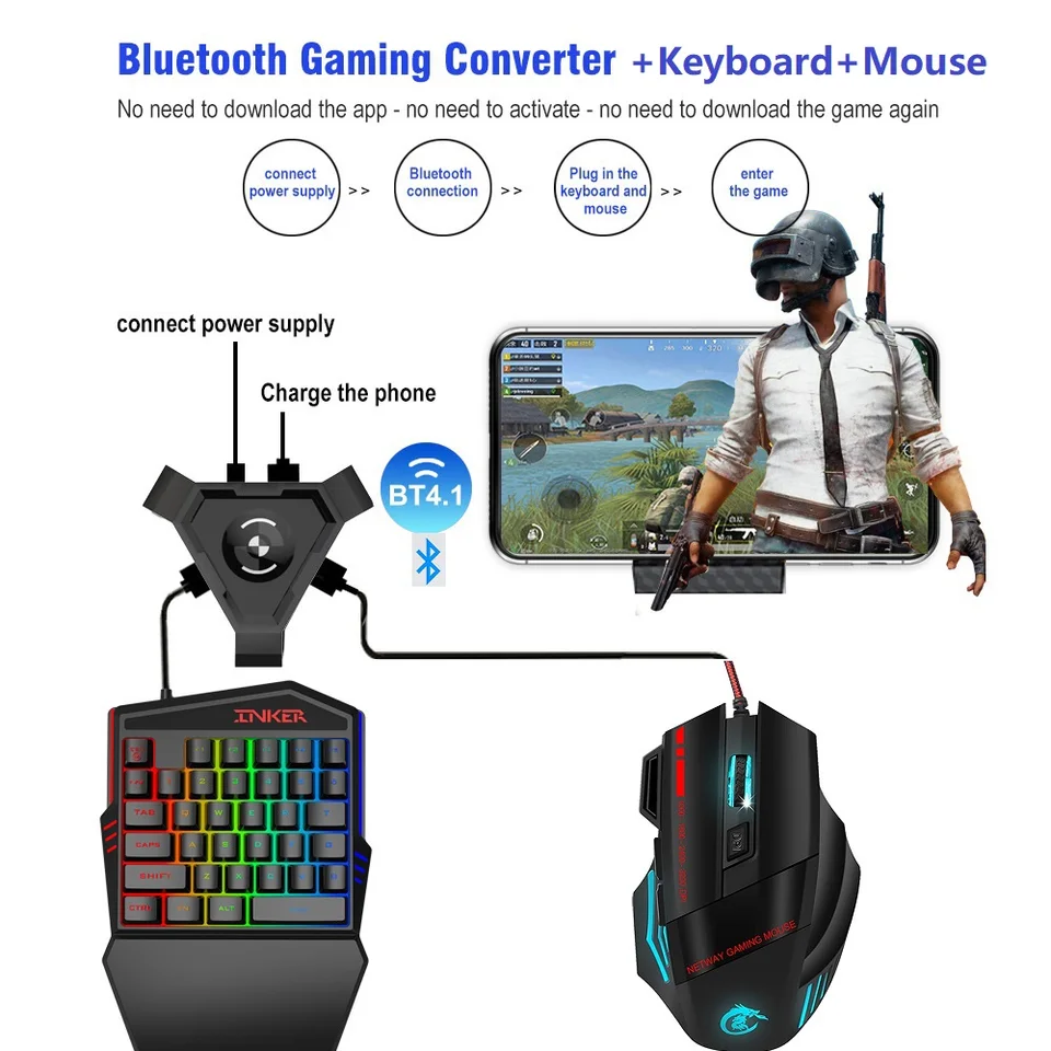 Počítačové herné klávesnicu Myš Combo s Bluetooth prevodníkom pre držiak telefónu PUBG Android mobilný telefón Tablet