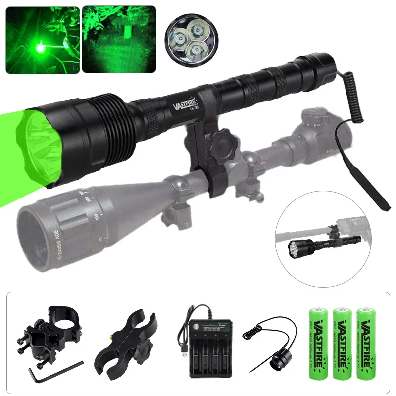 Poľovnícka baterka zelená/červená/biele svetlo Torch 500 yard 3xled nabíjateľné poľovné pochodeň+diaľkový spínač+držiak+18650+USB nabíjačka