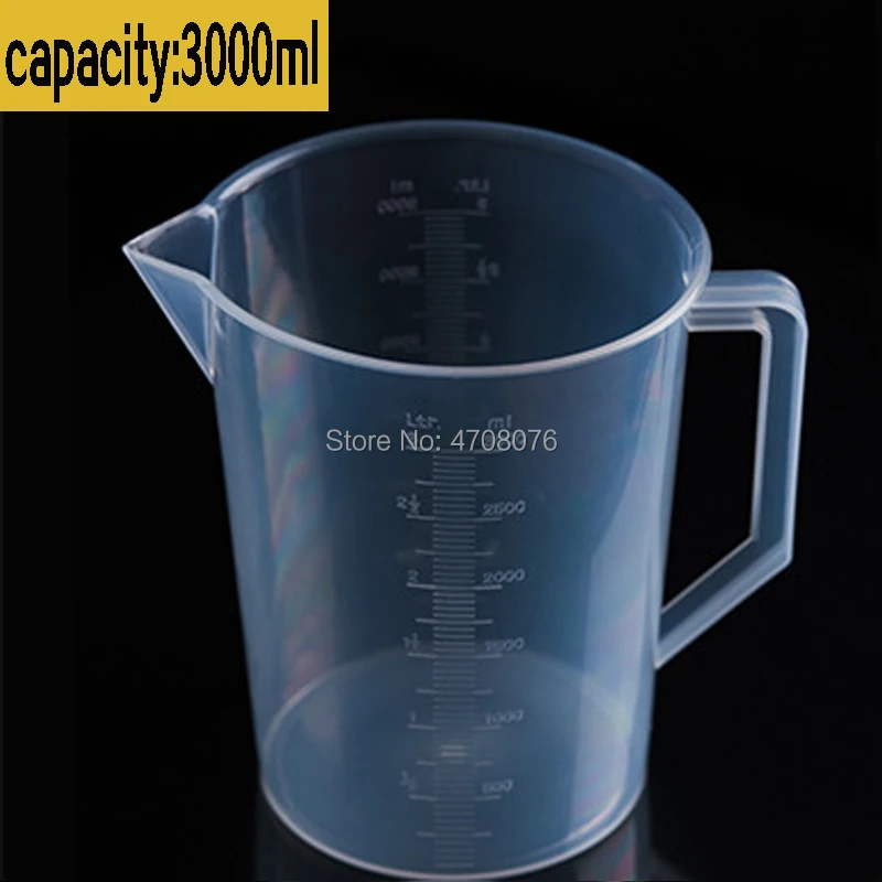 PP absolvované šálky plastovej laboratória meracie kadičky s rukoväťou pre chemický experiment kuchynská potravina Priehľadná 3000 ml 1pc
