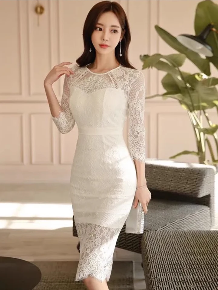 Pracovný štýl Lady Lace Prázdniny večerné šaty Dámske oblečenie elegantné elegantné sexy O-krk backless slim midi párty šaty Mujer Vestidos